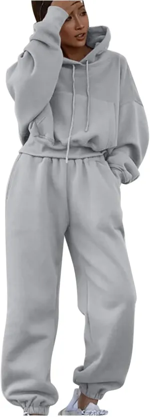 Charella Two Piece Sweatsuit Outfits for Women's Solid Pullover Hoodies Drawstring Cinch Bottom Trousers Sets With Pocket