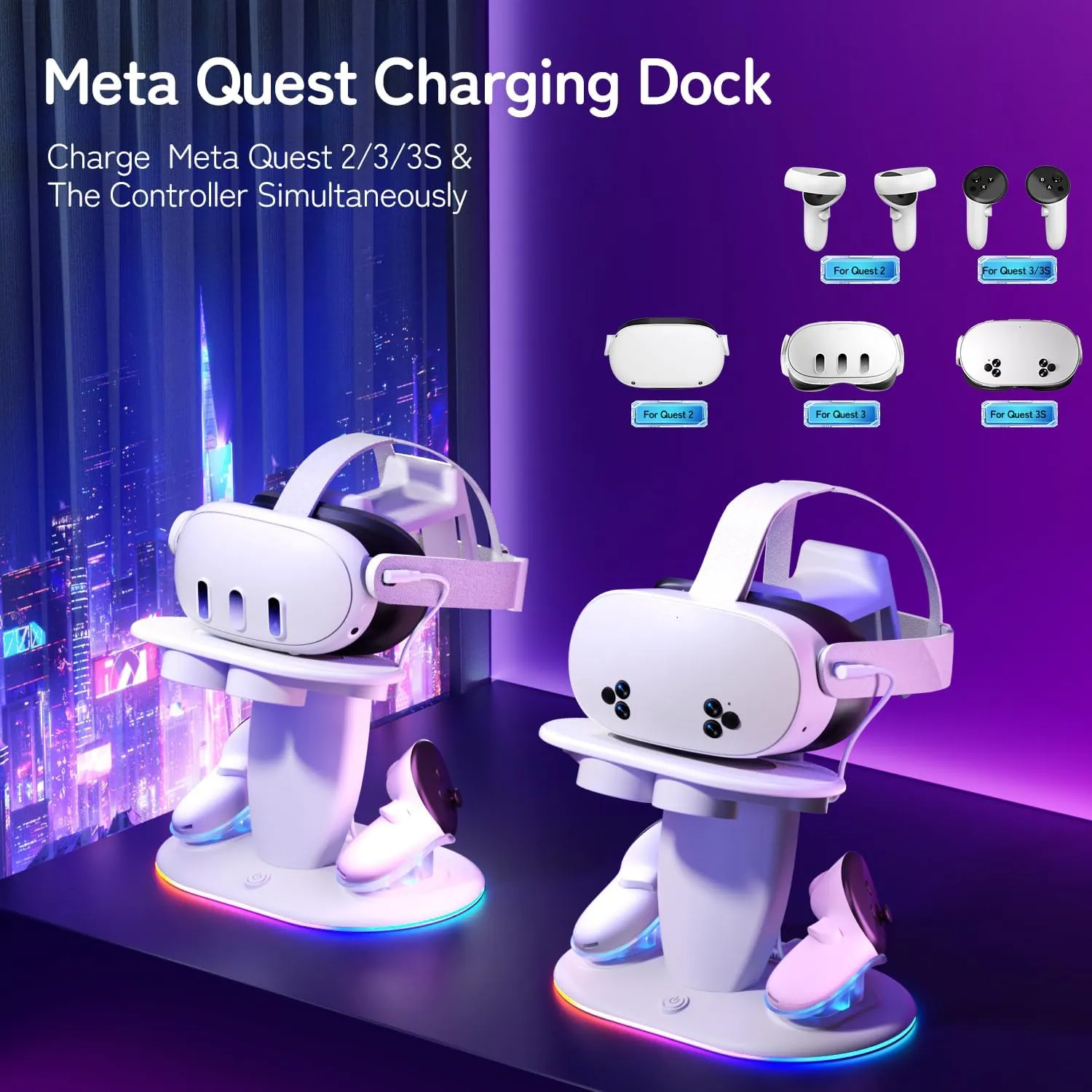 Charging Dock for Meta Quest 3/3s/2 - Oculus Fast RGB Charging Station Display Stand with Magnetic Controllers Charger for VR Headset Accessories with 2 Rechargeable Batteries & 20W UL Adapter