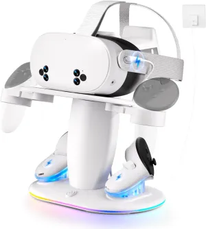 Charging Dock for Meta Quest 3/3s/2 - Oculus Fast RGB Charging Station Display Stand with Magnetic Controllers Charger for VR Headset Accessories with 2 Rechargeable Batteries & 20W UL Adapter
