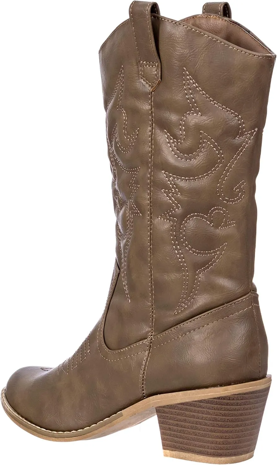 Charles Albert Cowboy Boots for Women Mid-Calf Boot Embroidered Stiching Western Cowgirl Boots Low Stacked Heel