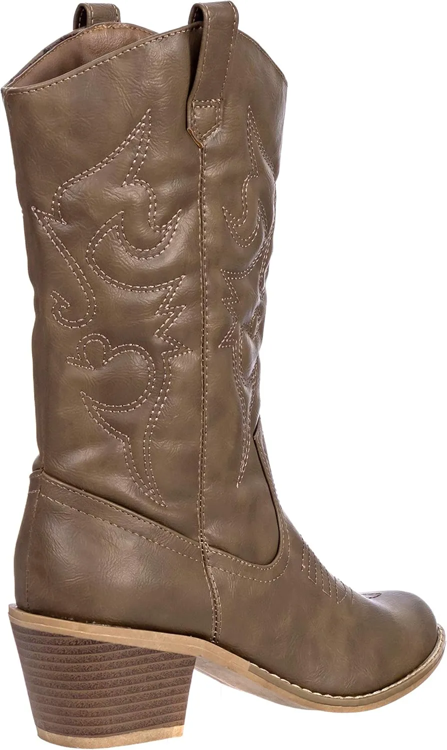 Charles Albert Cowboy Boots for Women Mid-Calf Boot Embroidered Stiching Western Cowgirl Boots Low Stacked Heel