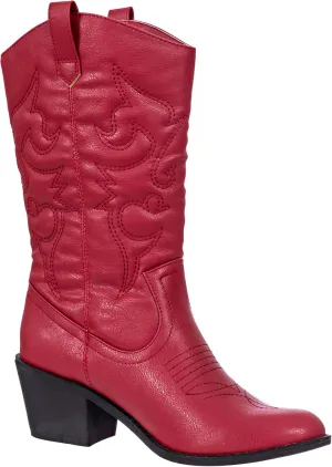 Charles Albert Cowboy Boots for Women Mid-Calf Boot Embroidered Stiching Western Cowgirl Boots Low Stacked Heel