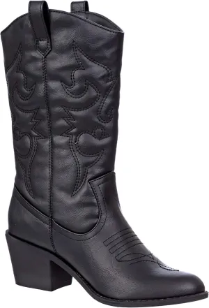 Charles Albert Cowboy Boots for Women Mid-Calf Boot Embroidered Stiching Western Cowgirl Boots Low Stacked Heel