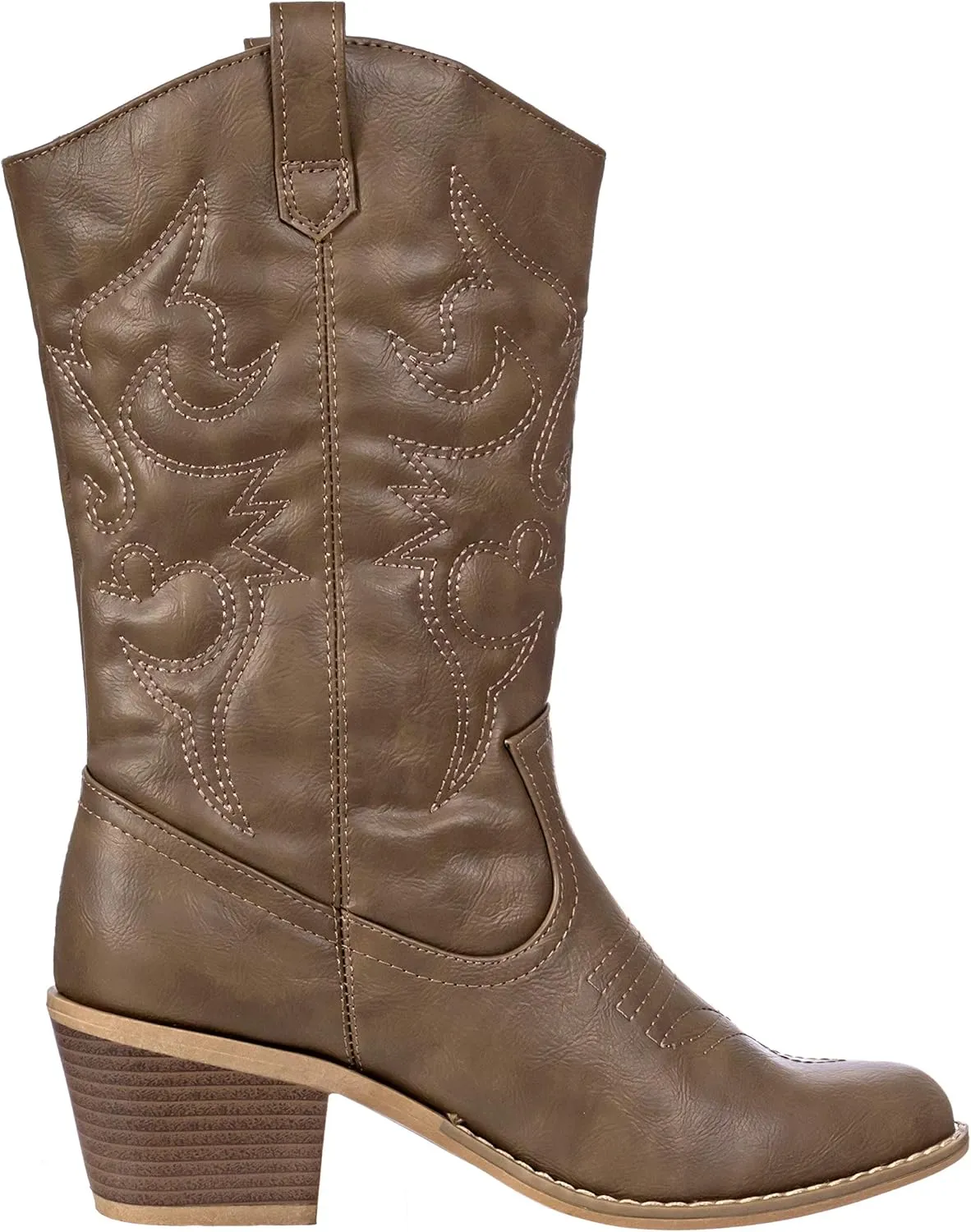 Charles Albert Cowboy Boots for Women Mid-Calf Boot Embroidered Stiching Western Cowgirl Boots Low Stacked Heel