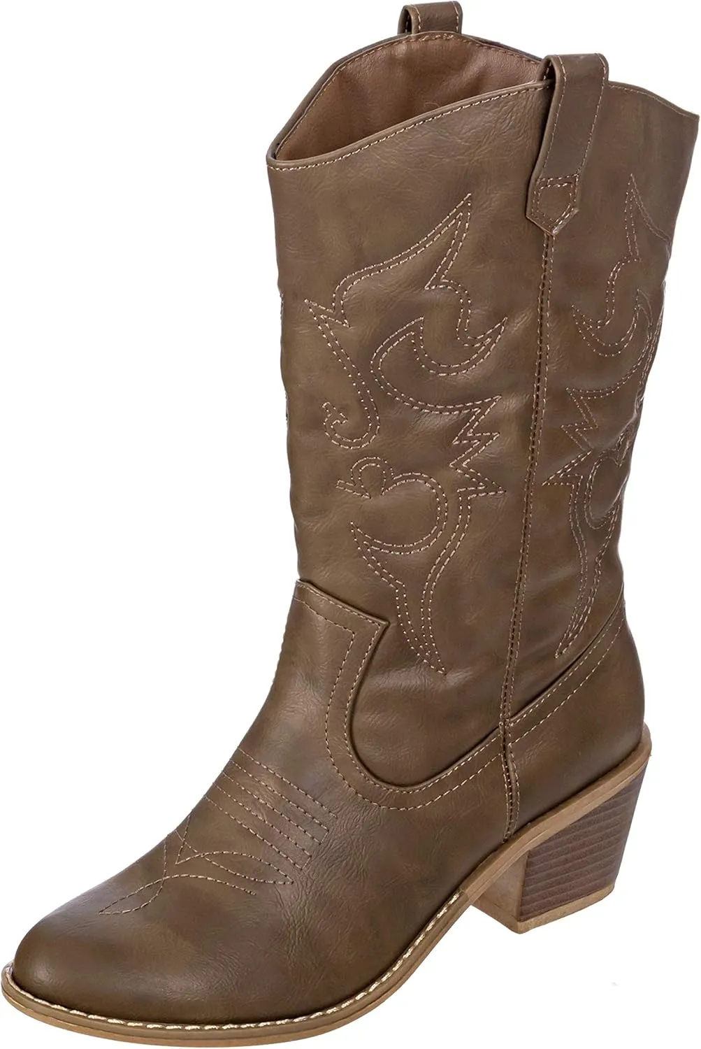 Charles Albert Cowboy Boots for Women Mid-Calf Boot Embroidered Stiching Western Cowgirl Boots Low Stacked Heel