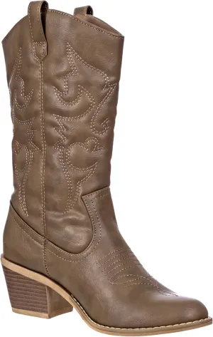 Charles Albert Cowboy Boots for Women Mid-Calf Boot Embroidered Stiching Western Cowgirl Boots Low Stacked Heel