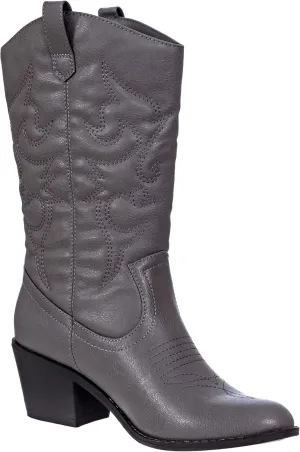 Charles Albert Cowboy Boots for Women Mid-Calf Boot Embroidered Stiching Western Cowgirl Boots Low Stacked Heel