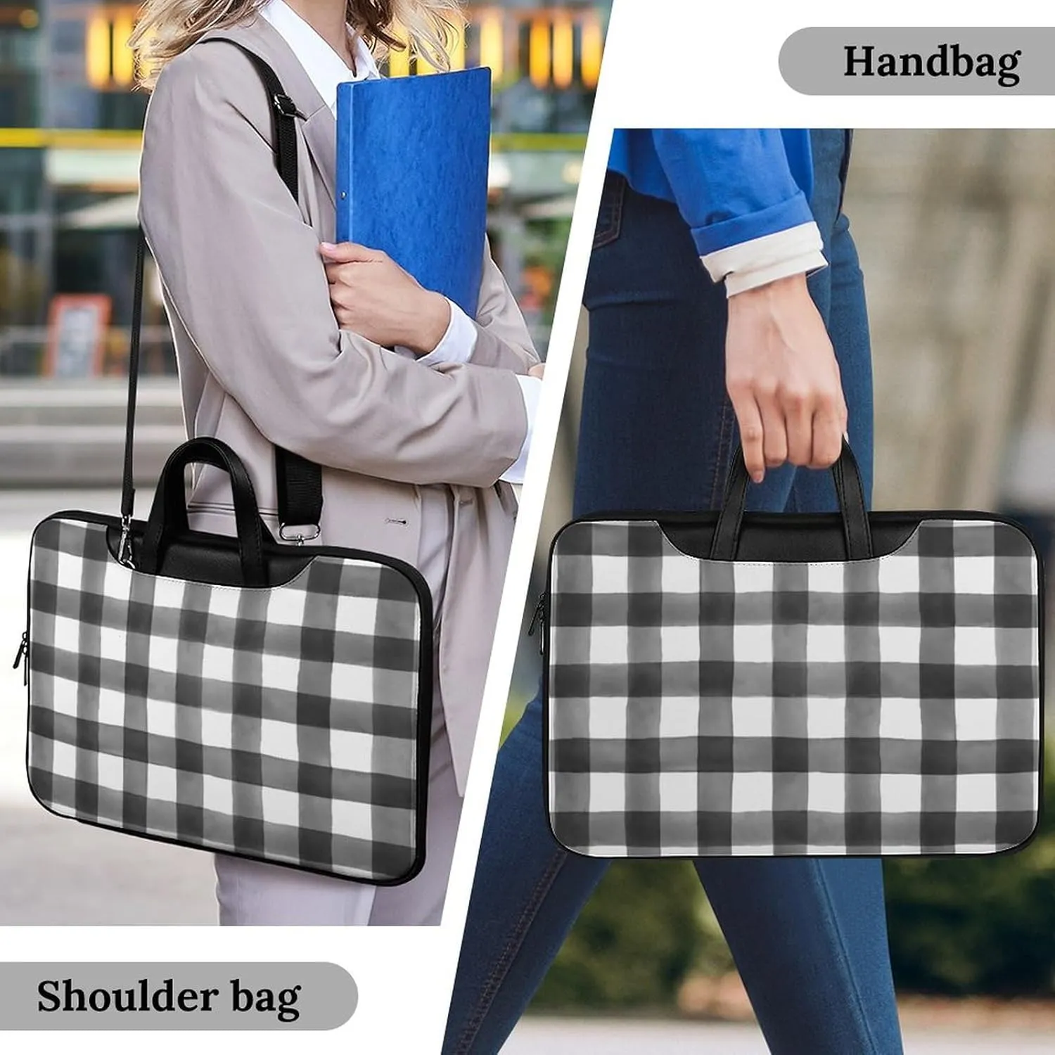 Checkered Black And White Handheld Single Shoulder Crossbody Laptop Bag Unisex