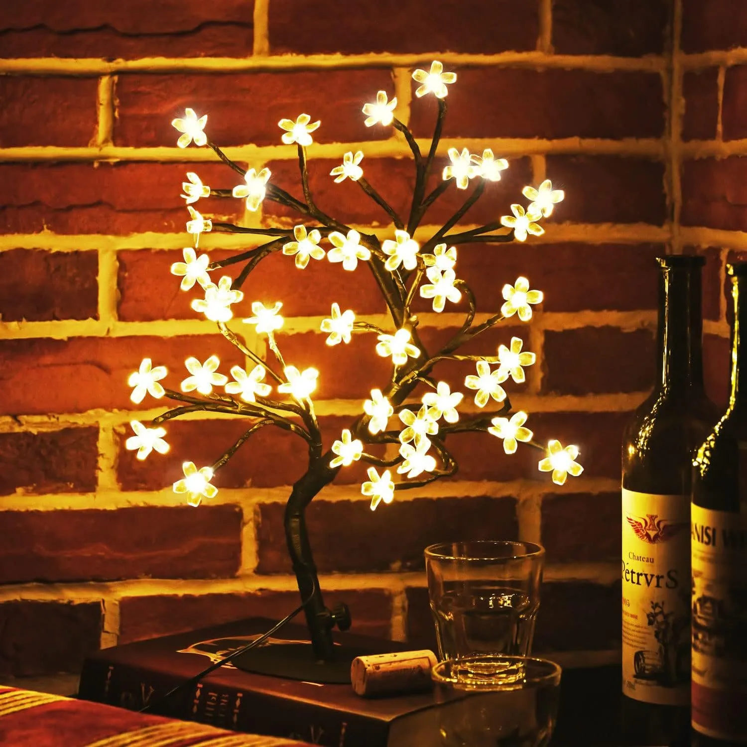 Cherry Blossom Tree Light,17inch 40LED Lighted Tabletop Artificial Flower Bonsai Tree Lamp USB Powered Gifts for Home Decor Room Office Party Wedding Christmas Decorations(Warm White)