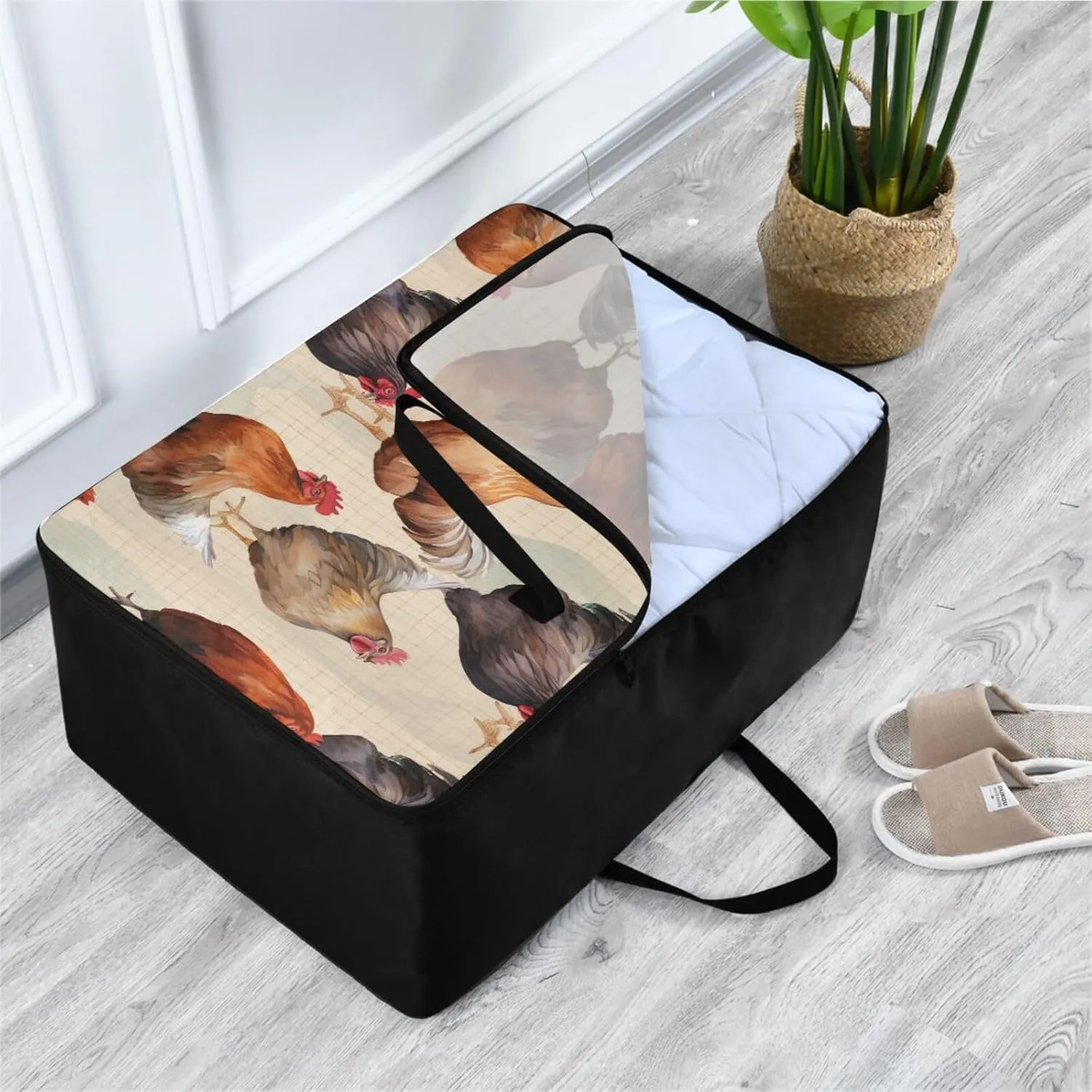 Chickens on Brown Netting Storage Bag, 27.5x19.7x11 in, Collapsible Moving Bags Space Saving Packing Totes for Moving Supplies Storage