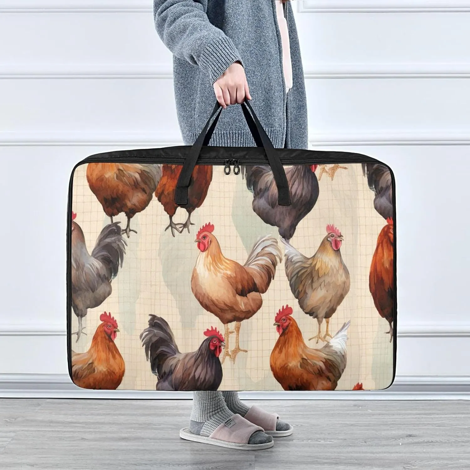 Chickens on Brown Netting Storage Bag, 27.5x19.7x11 in, Collapsible Moving Bags Space Saving Packing Totes for Moving Supplies Storage