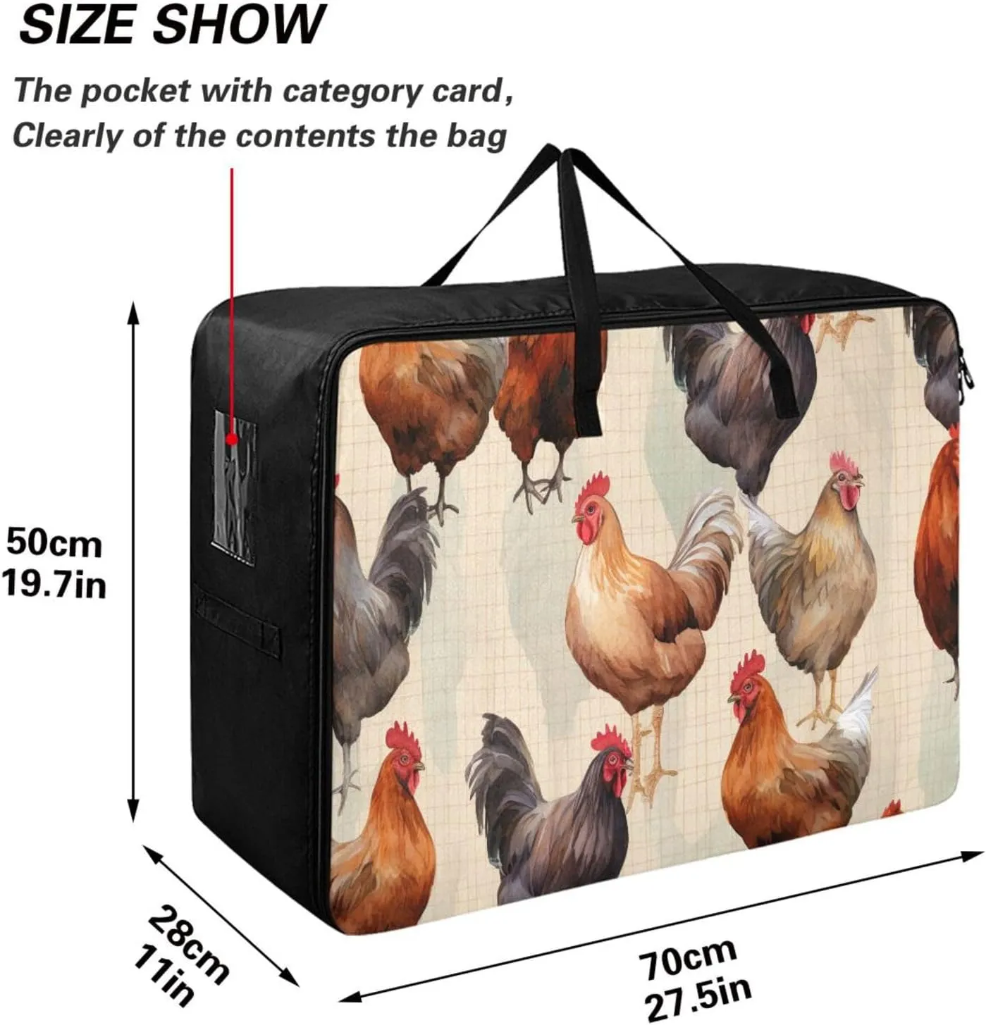 Chickens on Brown Netting Storage Bag, 27.5x19.7x11 in, Collapsible Moving Bags Space Saving Packing Totes for Moving Supplies Storage