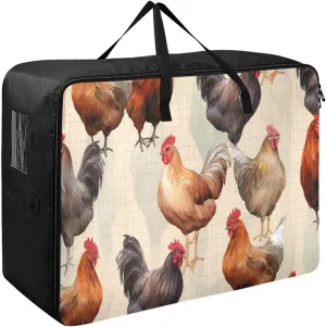 Chickens on Brown Netting Storage Bag, 27.5x19.7x11 in, Collapsible Moving Bags Space Saving Packing Totes for Moving Supplies Storage