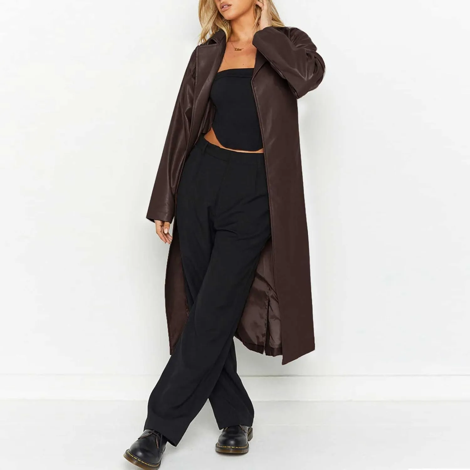 chouyatou Women's Casual Lapel Open Front Pu Faux Leather Long Trench Coat with Belt