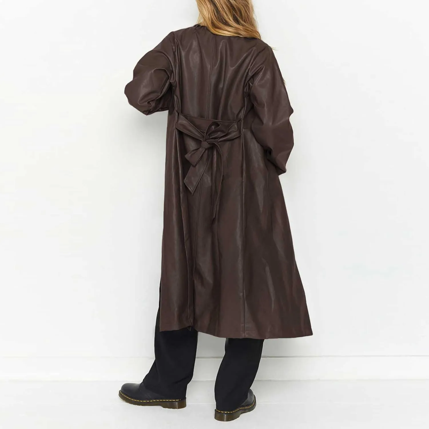 chouyatou Women's Casual Lapel Open Front Pu Faux Leather Long Trench Coat with Belt