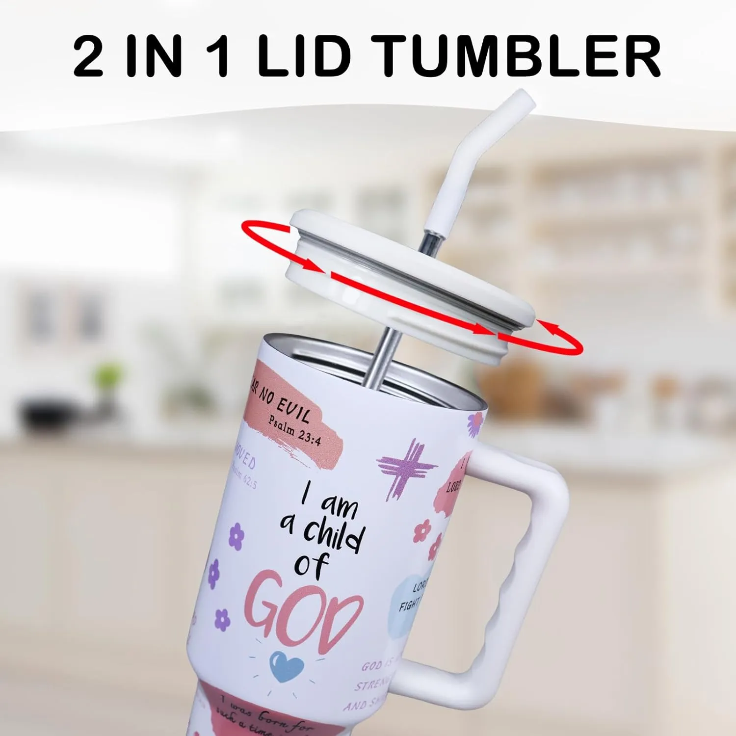 Christian Gifts for Women, Inspirational Religious Tumbler 40 oz with Handle and Straw Cup Holder Friendly Insulated Mug Stainless Steel Water Bottle