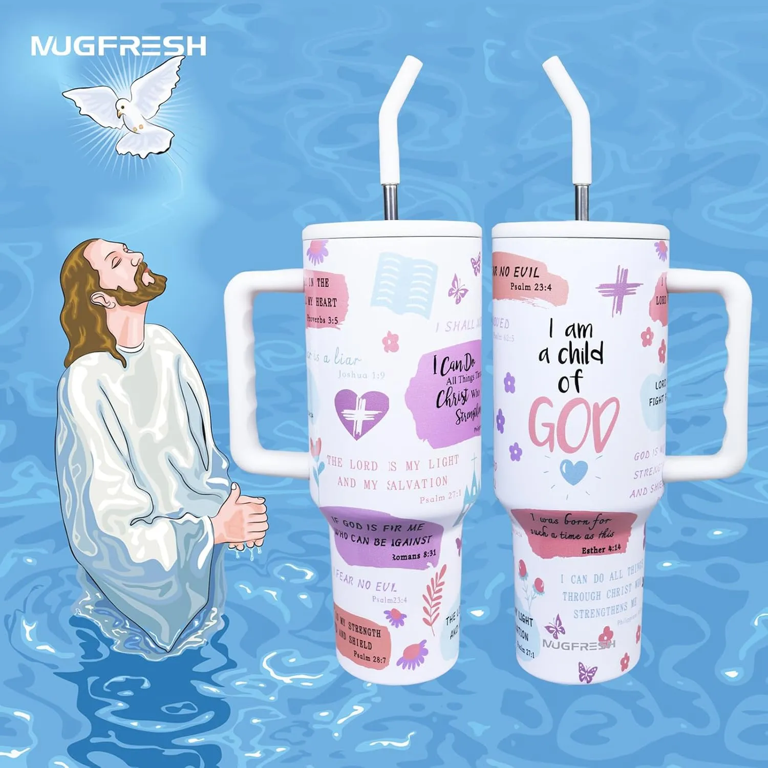 Christian Gifts for Women, Inspirational Religious Tumbler 40 oz with Handle and Straw Cup Holder Friendly Insulated Mug Stainless Steel Water Bottle