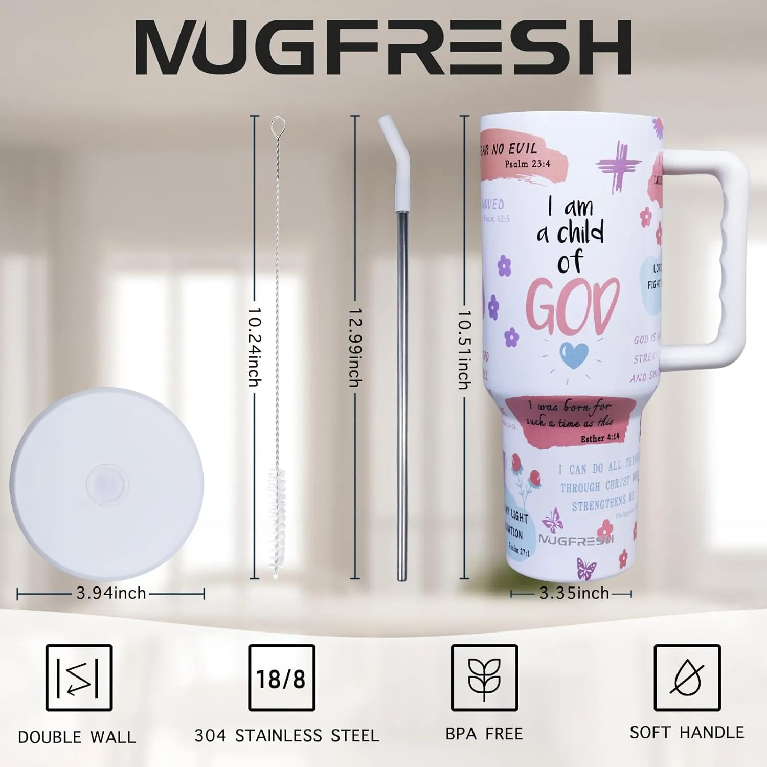 Christian Gifts for Women, Inspirational Religious Tumbler 40 oz with Handle and Straw Cup Holder Friendly Insulated Mug Stainless Steel Water Bottle