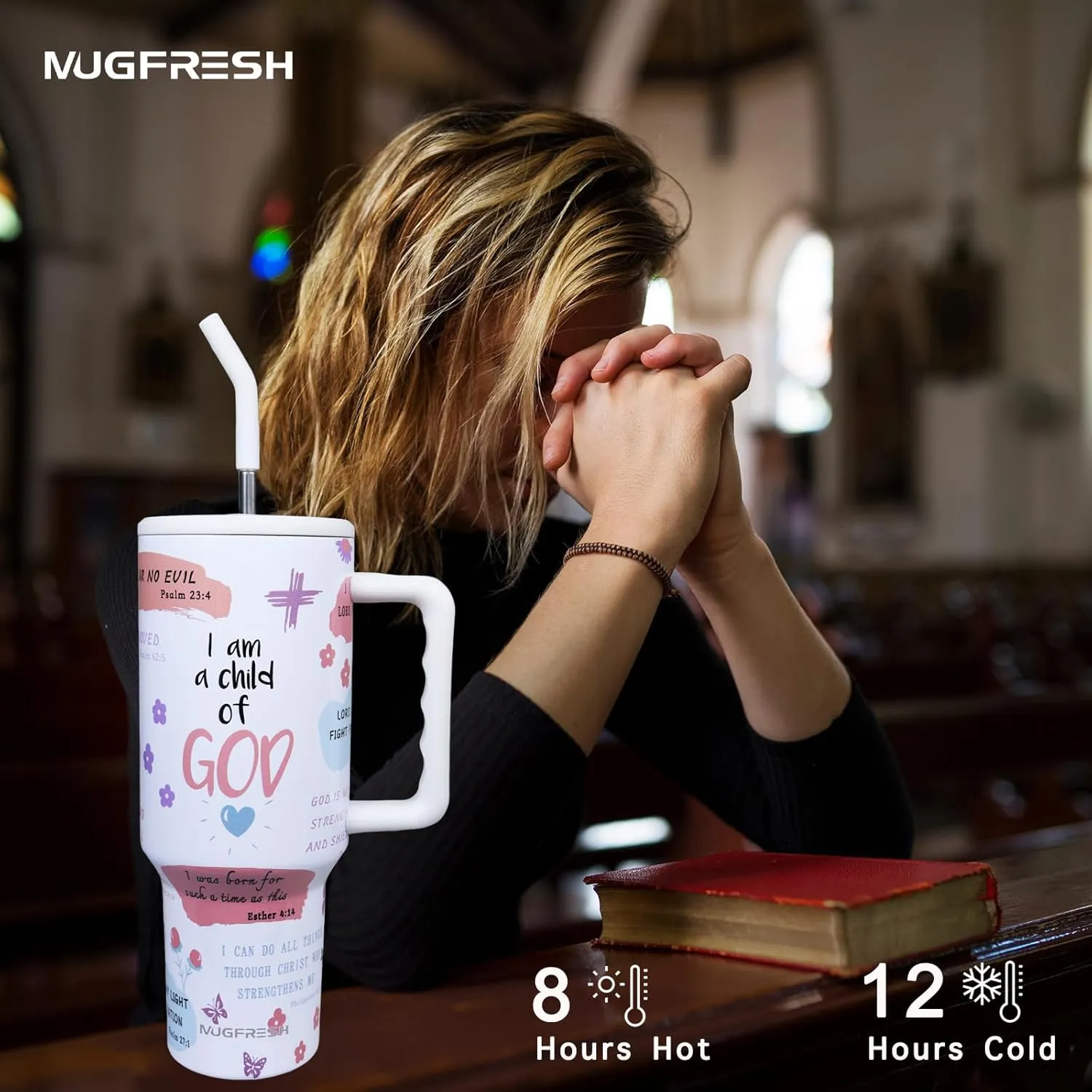 Christian Gifts for Women, Inspirational Religious Tumbler 40 oz with Handle and Straw Cup Holder Friendly Insulated Mug Stainless Steel Water Bottle