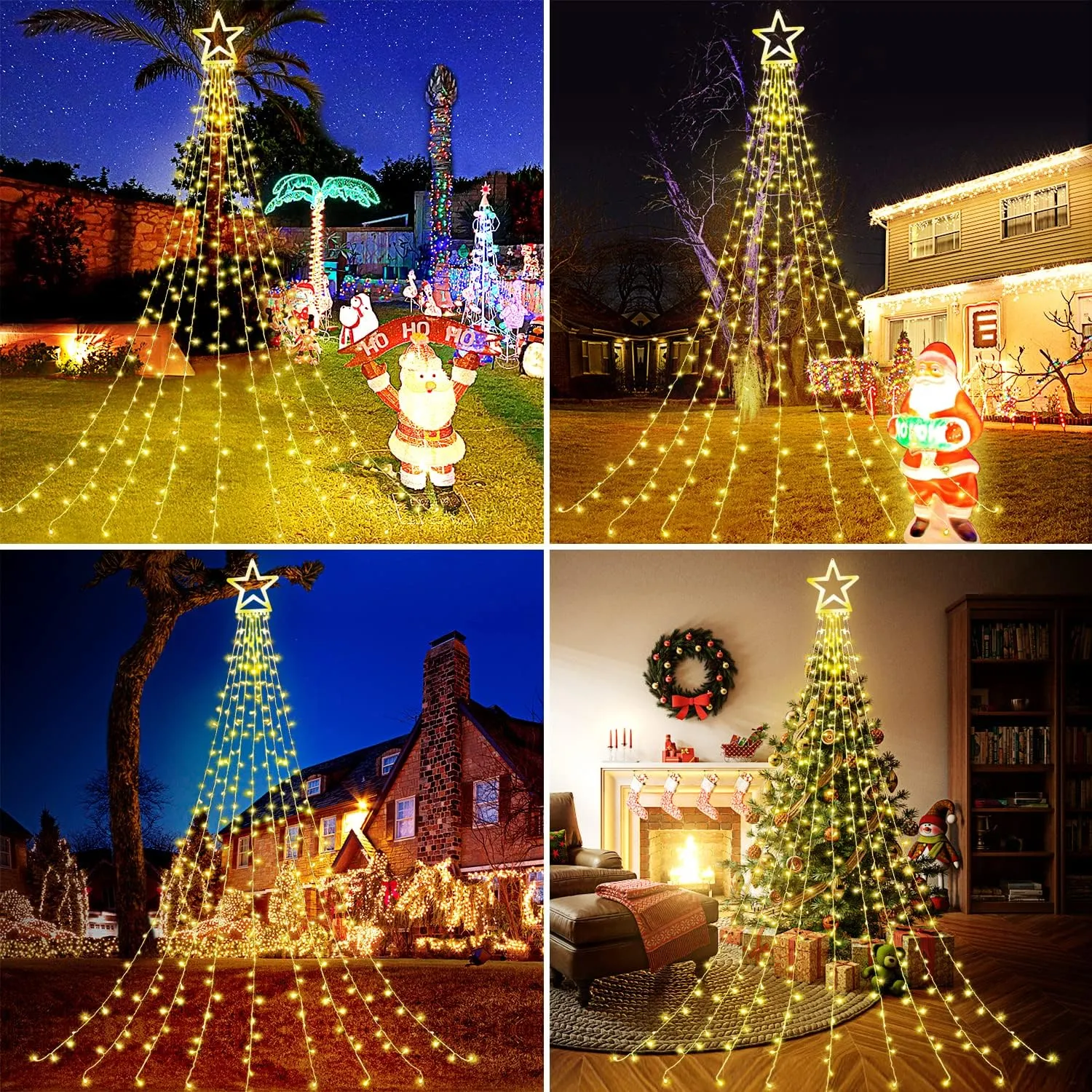 Christmas Decorations Star String Lights, 320 LEDs Outdoor Waterfall Tree Lights with 13" Topper Star, Plug in Waterproof Hanging Fairy Lights for Xmas New Year Holiday Party Yard Decor (Warm White)