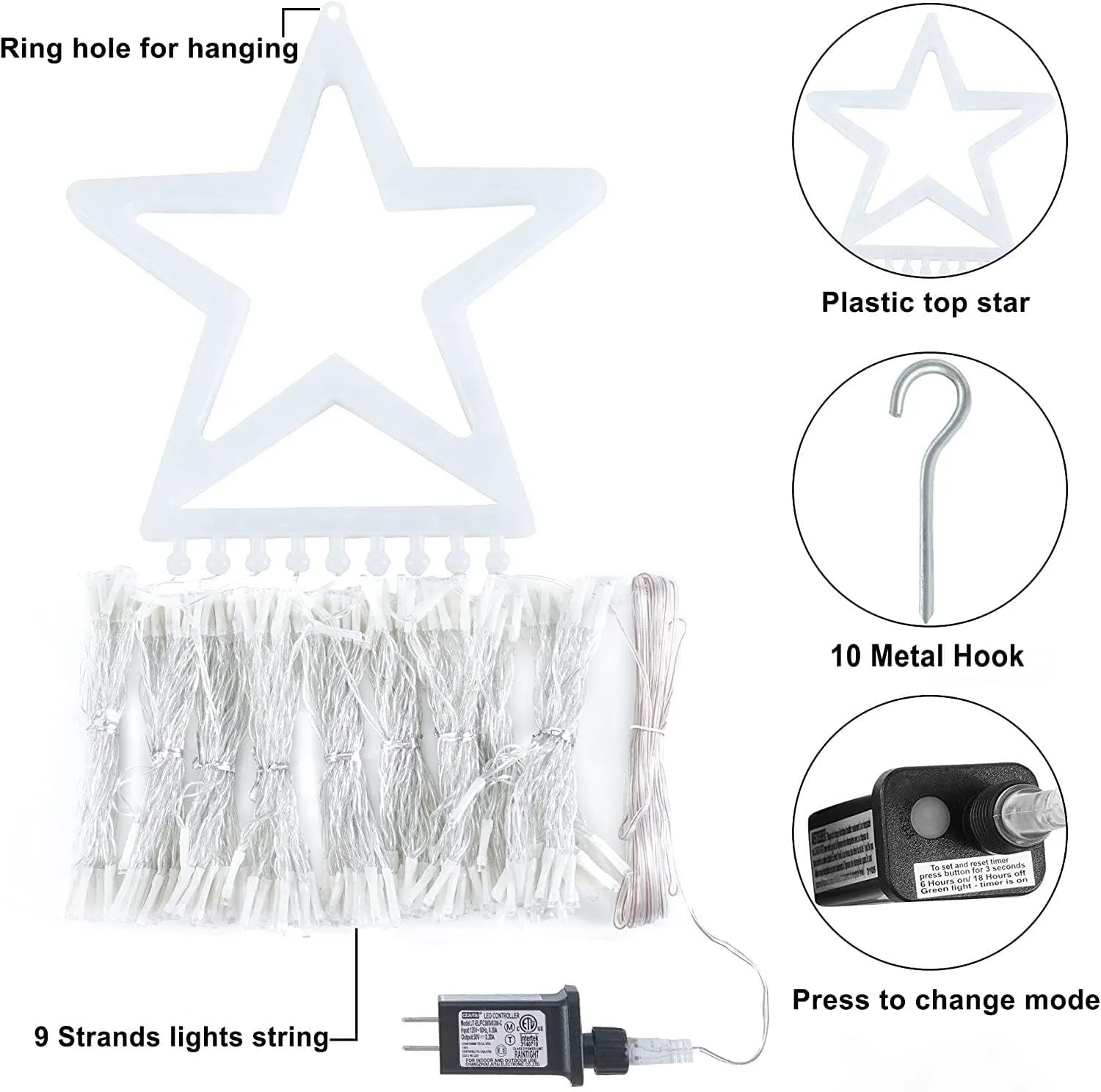 Christmas Decorations Star String Lights, 320 LEDs Outdoor Waterfall Tree Lights with 13" Topper Star, Plug in Waterproof Hanging Fairy Lights for Xmas New Year Holiday Party Yard Decor (Warm White)