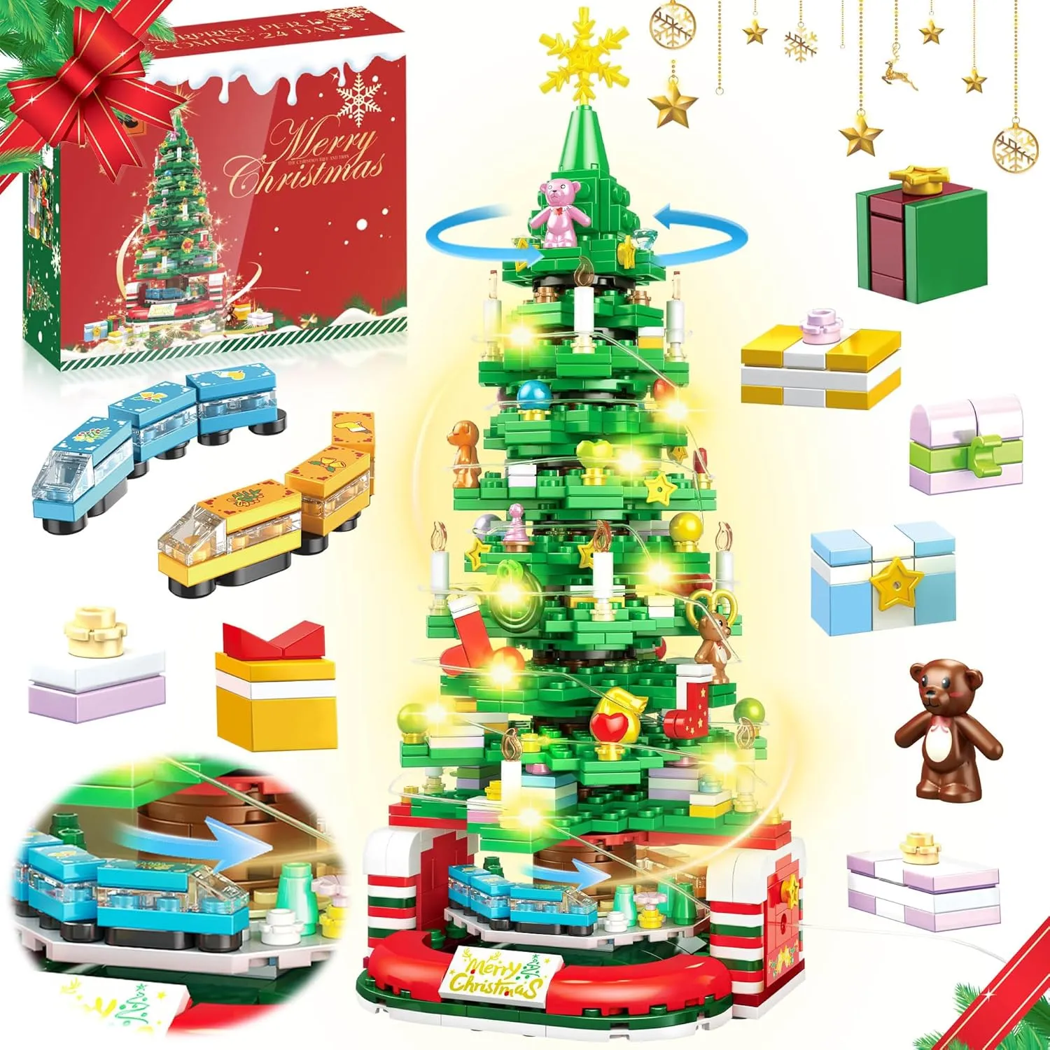 Christmas Tree Building Block with LED Light, Rotating Christmas Tree 2024 Building Set for Adults, Christmas Tree Building Kit Xmas Gift for Boys and Girls (Non-Advent Block)