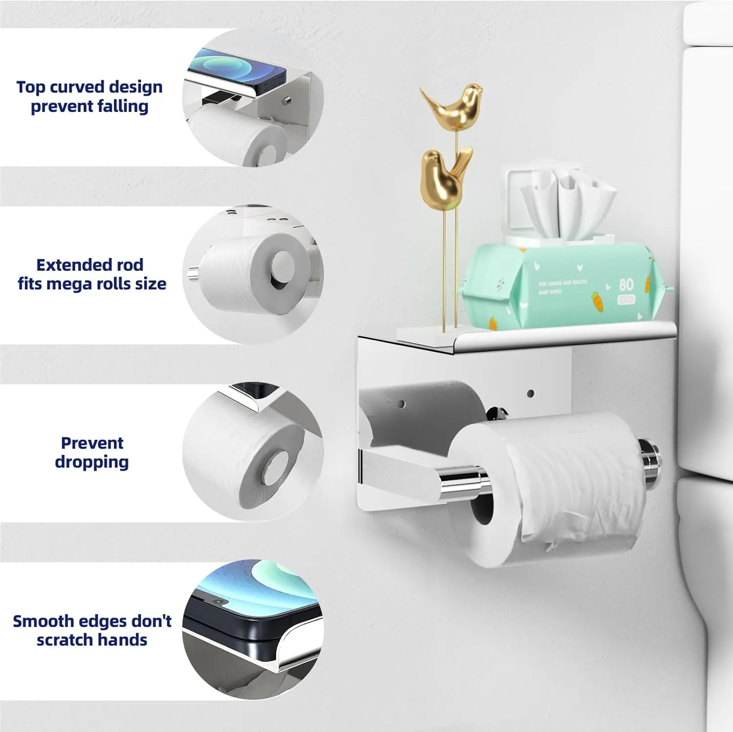 Chrome Toilet Paper Holder Wall Mount, Fits Mega Rolls Size Sliver Toilet Paper Holder with Shelf, Rustproof Stainless Steel Toilet Roll Holder, Self Adhesive Toilet Paper Holders Chrome