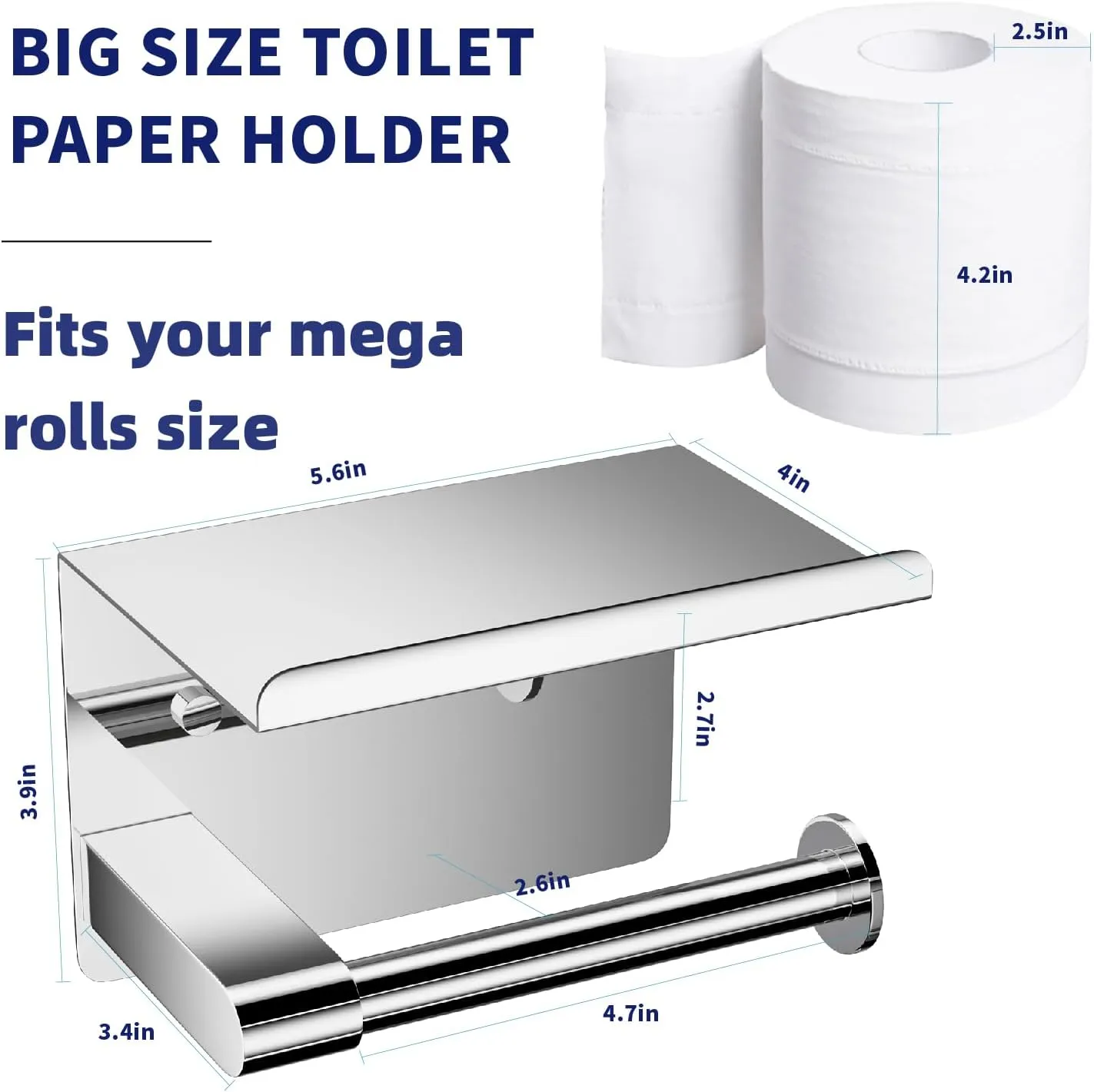 Chrome Toilet Paper Holder Wall Mount, Fits Mega Rolls Size Sliver Toilet Paper Holder with Shelf, Rustproof Stainless Steel Toilet Roll Holder, Self Adhesive Toilet Paper Holders Chrome