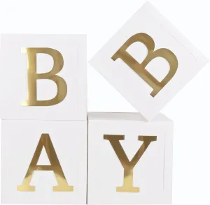 CJT Baby Shower Boxes Party Decorations - 4pcs Stereoscopic White Boxes with Gold Letters, Baby Party Boxes Baby Block for Teddy Bear Baby Shower