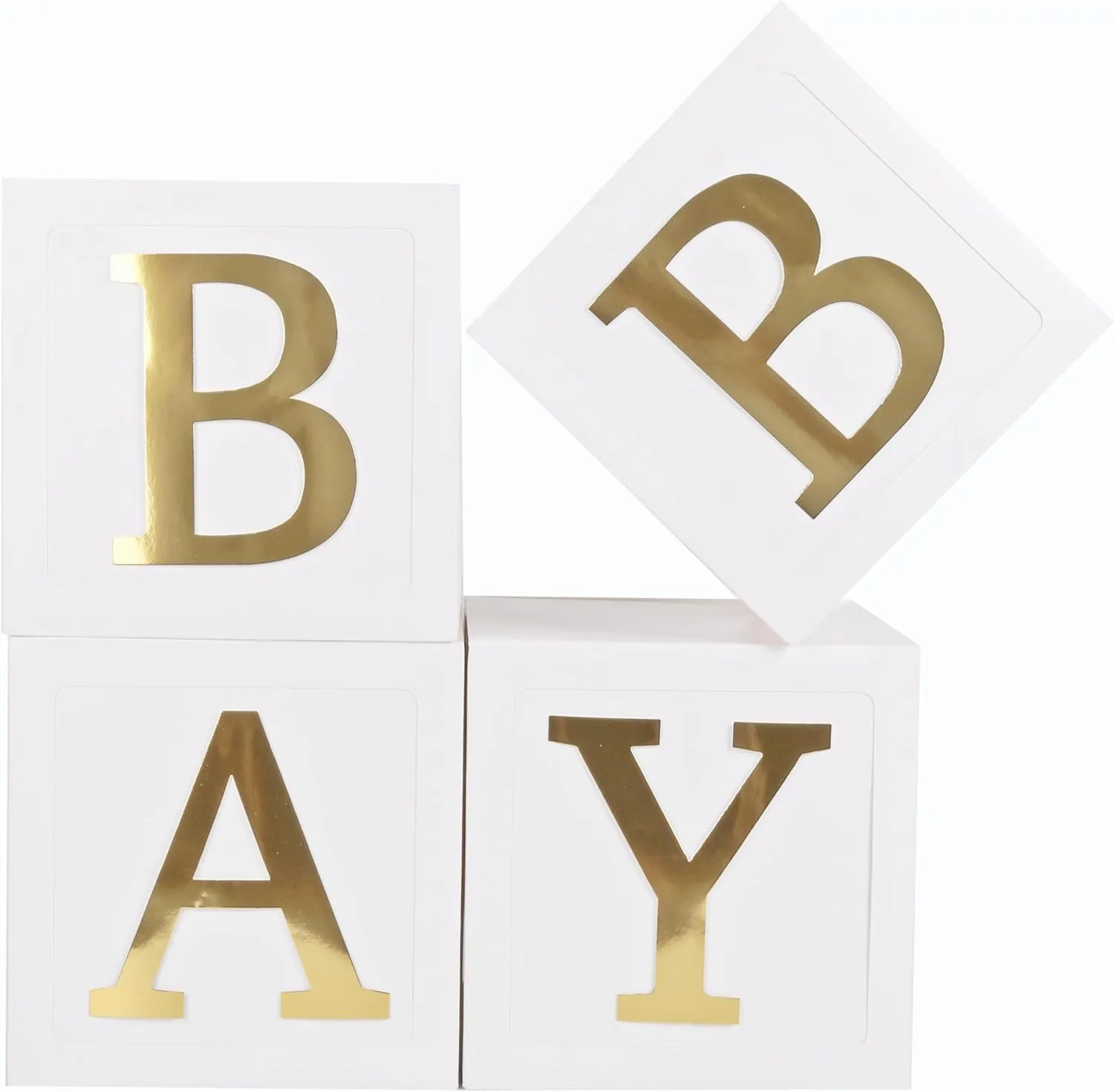 CJT Baby Shower Boxes Party Decorations - 4pcs Stereoscopic White Boxes with Gold Letters, Baby Party Boxes Baby Block for Teddy Bear Baby Shower
