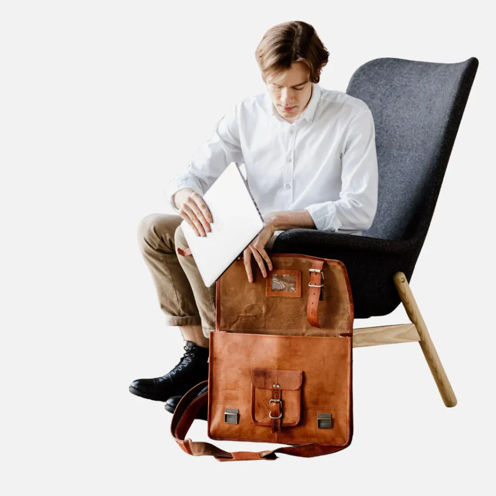 Classic Tan Leather Laptop Messenger