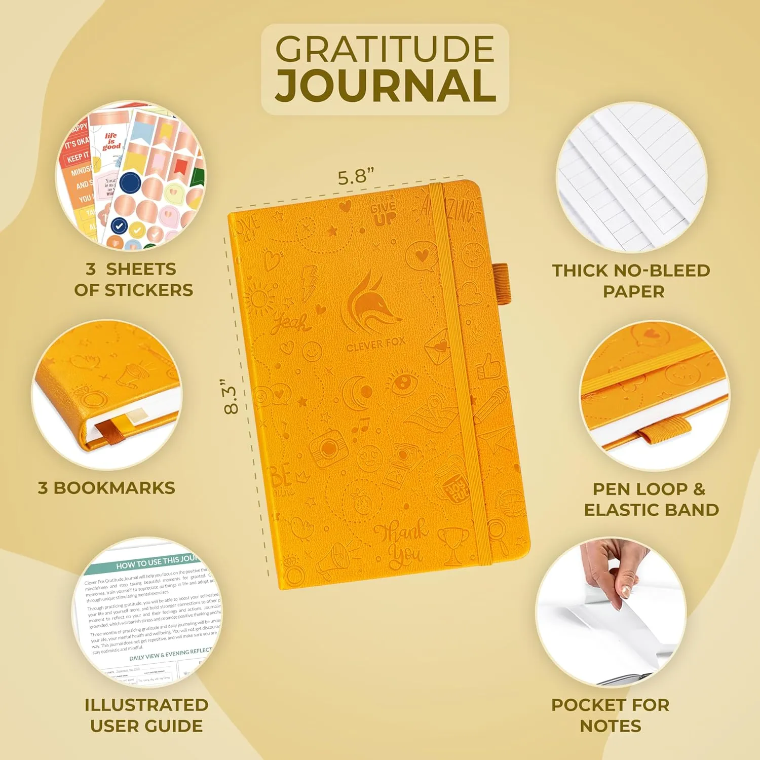 Clever Fox Gratitude Journal – Happiness, Positivity & Affirmation Daily Journal – Inspirational Daily Notebook – 3 Months, A5 (Amber Yellow)