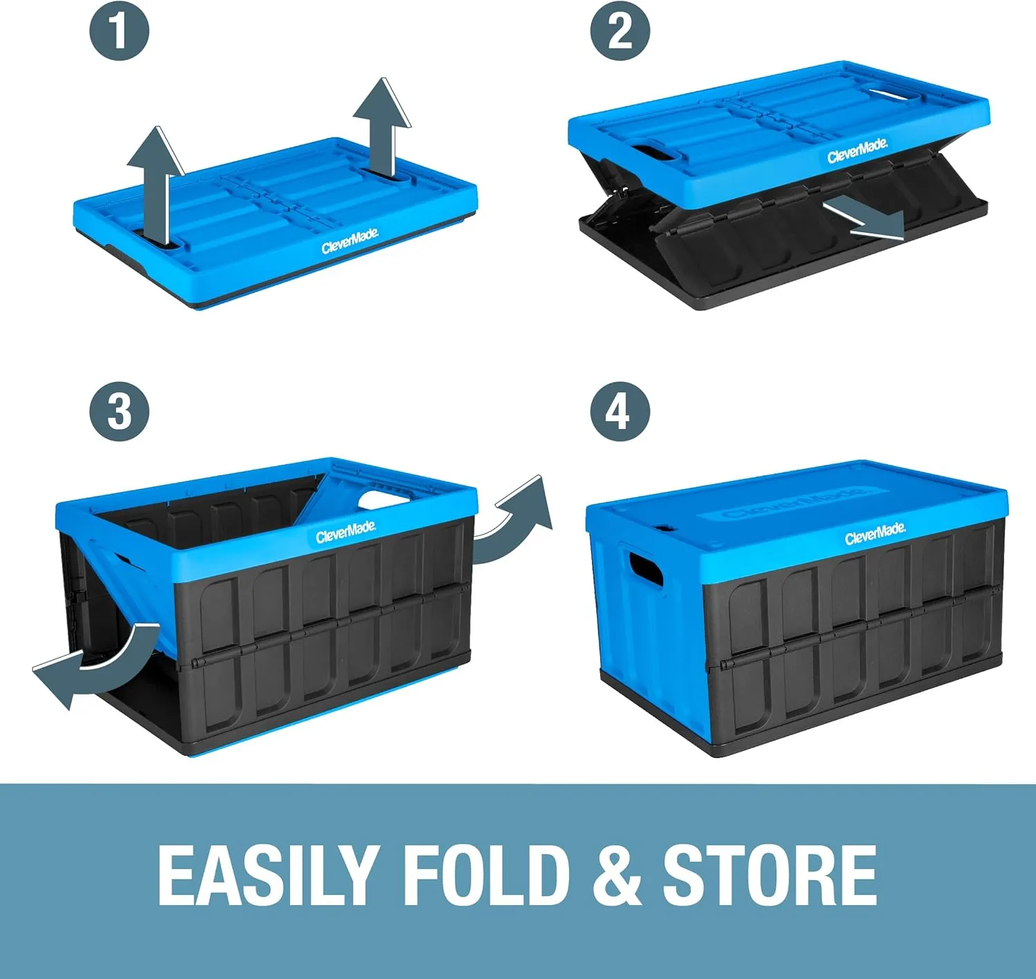 CleverMade Collapsible Storage Bins with Lids- Neptune Blue 3Pack 46L- Plastic Container Stackable Organization Crates Home Closet SpaceSaving Durable