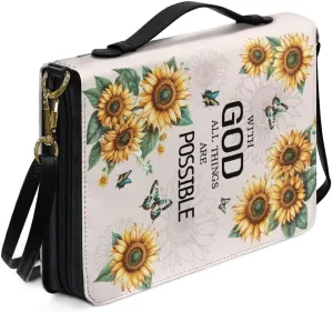 Coldinair Sunflower Bible Cover for Women,with God All Things are Possible Leather Bible Cover Carrying Bible Case Bible Book Carrying Bag Tote Bag Christian Gifts