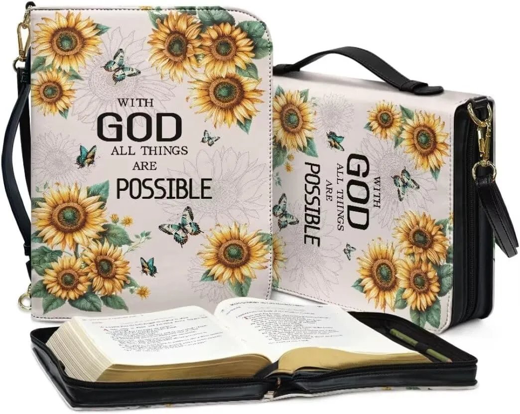 Coldinair Sunflower Bible Cover for Women,with God All Things are Possible Leather Bible Cover Carrying Bible Case Bible Book Carrying Bag Tote Bag Christian Gifts