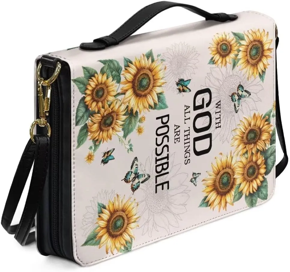 Coldinair Sunflower Bible Cover for Women,with God All Things are Possible Leather Bible Cover Carrying Bible Case Bible Book Carrying Bag Tote Bag Christian Gifts