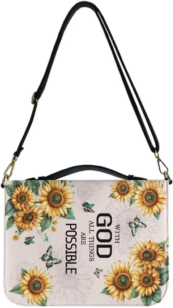 Coldinair Sunflower Bible Cover for Women,with God All Things are Possible Leather Bible Cover Carrying Bible Case Bible Book Carrying Bag Tote Bag Christian Gifts