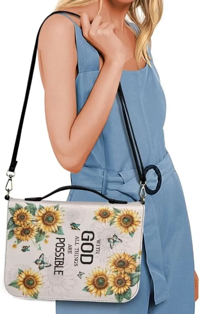Coldinair Sunflower Bible Cover for Women,with God All Things are Possible Leather Bible Cover Carrying Bible Case Bible Book Carrying Bag Tote Bag Christian Gifts