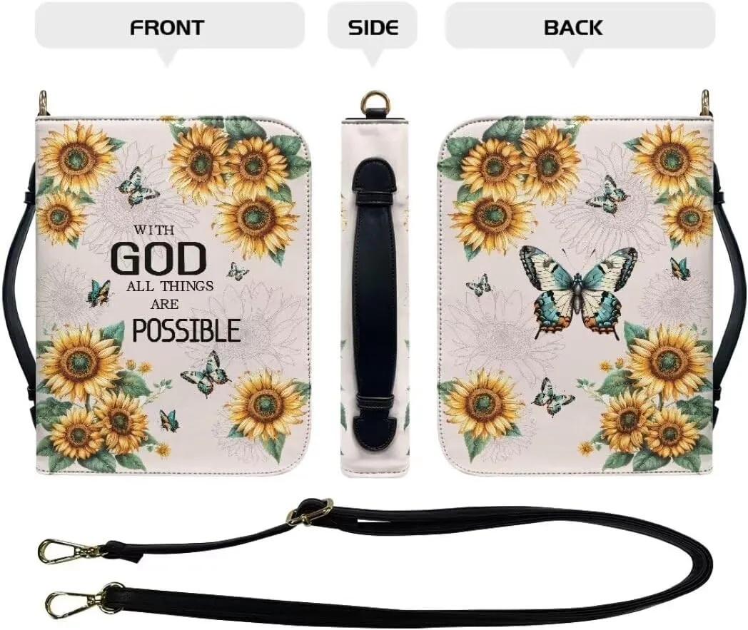 Coldinair Sunflower Bible Cover for Women,with God All Things are Possible Leather Bible Cover Carrying Bible Case Bible Book Carrying Bag Tote Bag Christian Gifts