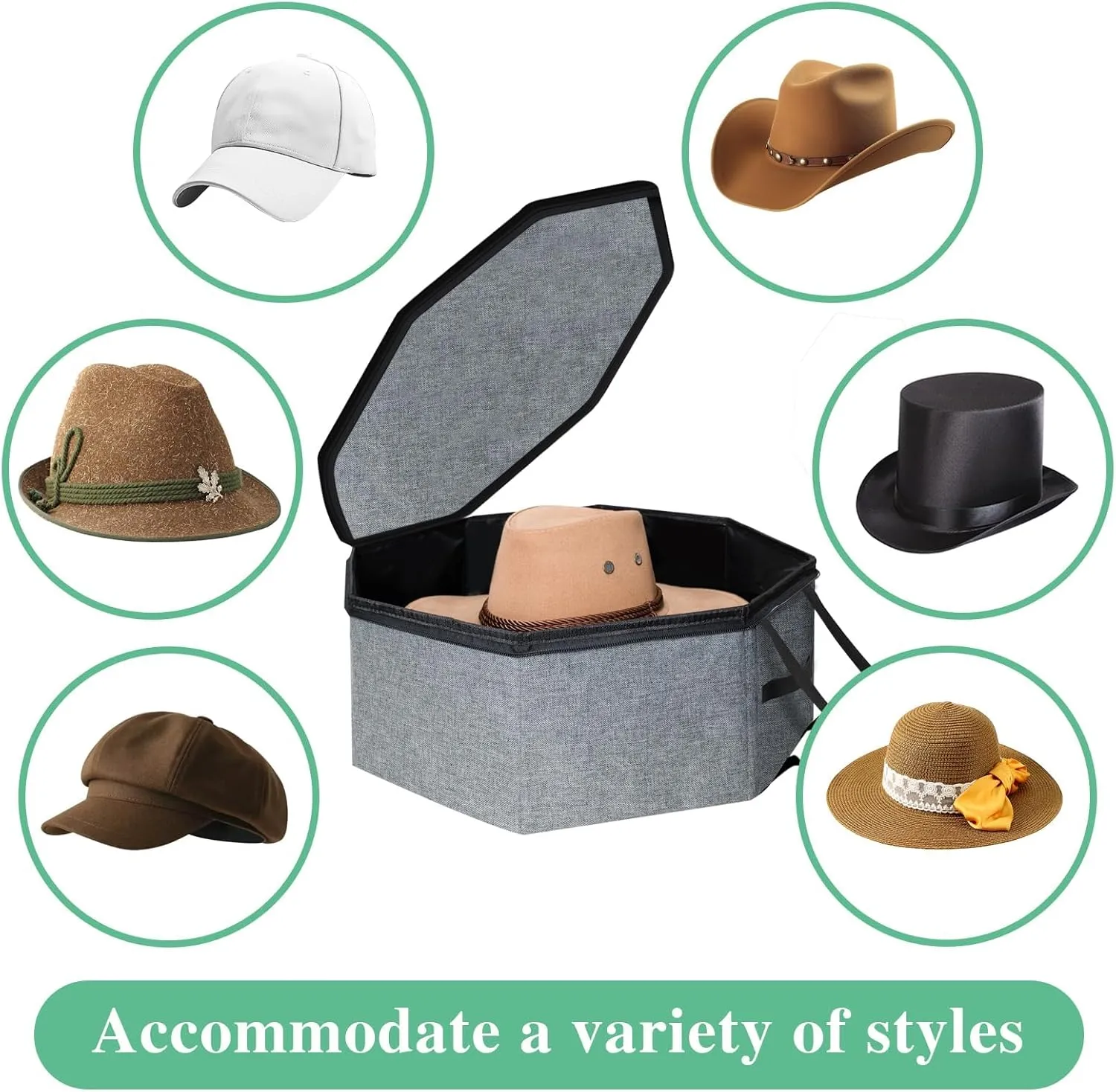Collapsible Hat Box for Travel Closet Storage – Portable Cowboy Cap Organizer Case with Handles, Unisex Design for Women/Men, Large Durable Hat Carrier Bag (Black)