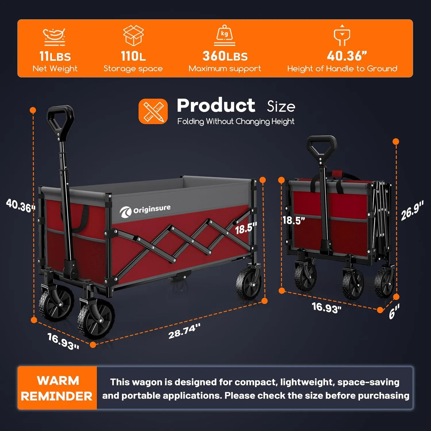Collapsible Wagon Cart Foldable - Lightweight Portable Heavy Duty Folding Beach Wagons with Wheels - Outdoor Utility Carts for Grocery, Camping, Shopping with Large Capacity - Grey&Red