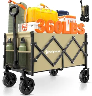 Collapsible Wagon Cart Foldable - Portable Heavy Duty Folding Beach Wagons with Wheels - Outdoor Utility Carts for Groceries, Shopping, Camping, Sports, Garden with Large Capacity - Khaki