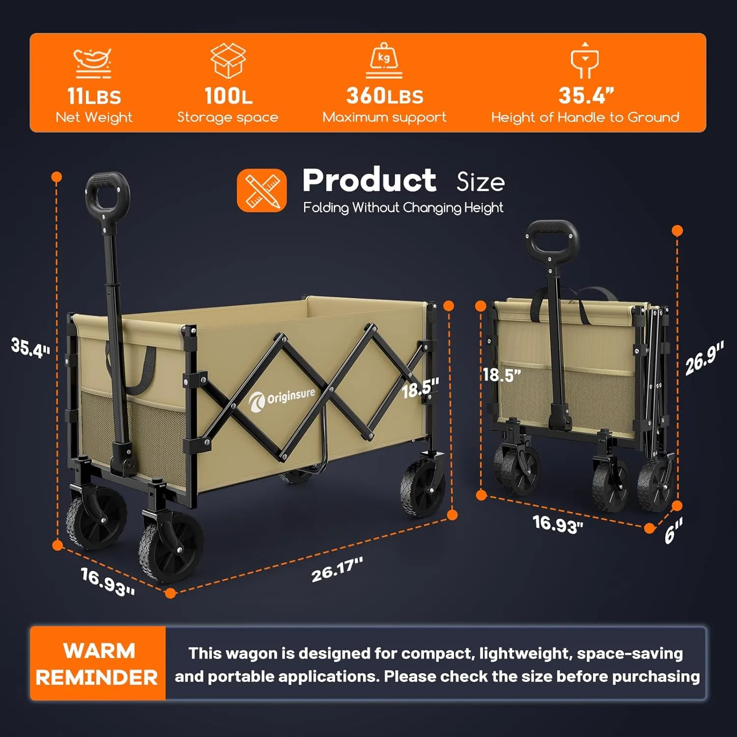Collapsible Wagon Cart Foldable - Portable Heavy Duty Folding Beach Wagons with Wheels - Outdoor Utility Carts for Groceries, Shopping, Camping, Sports, Garden with Large Capacity - Khaki