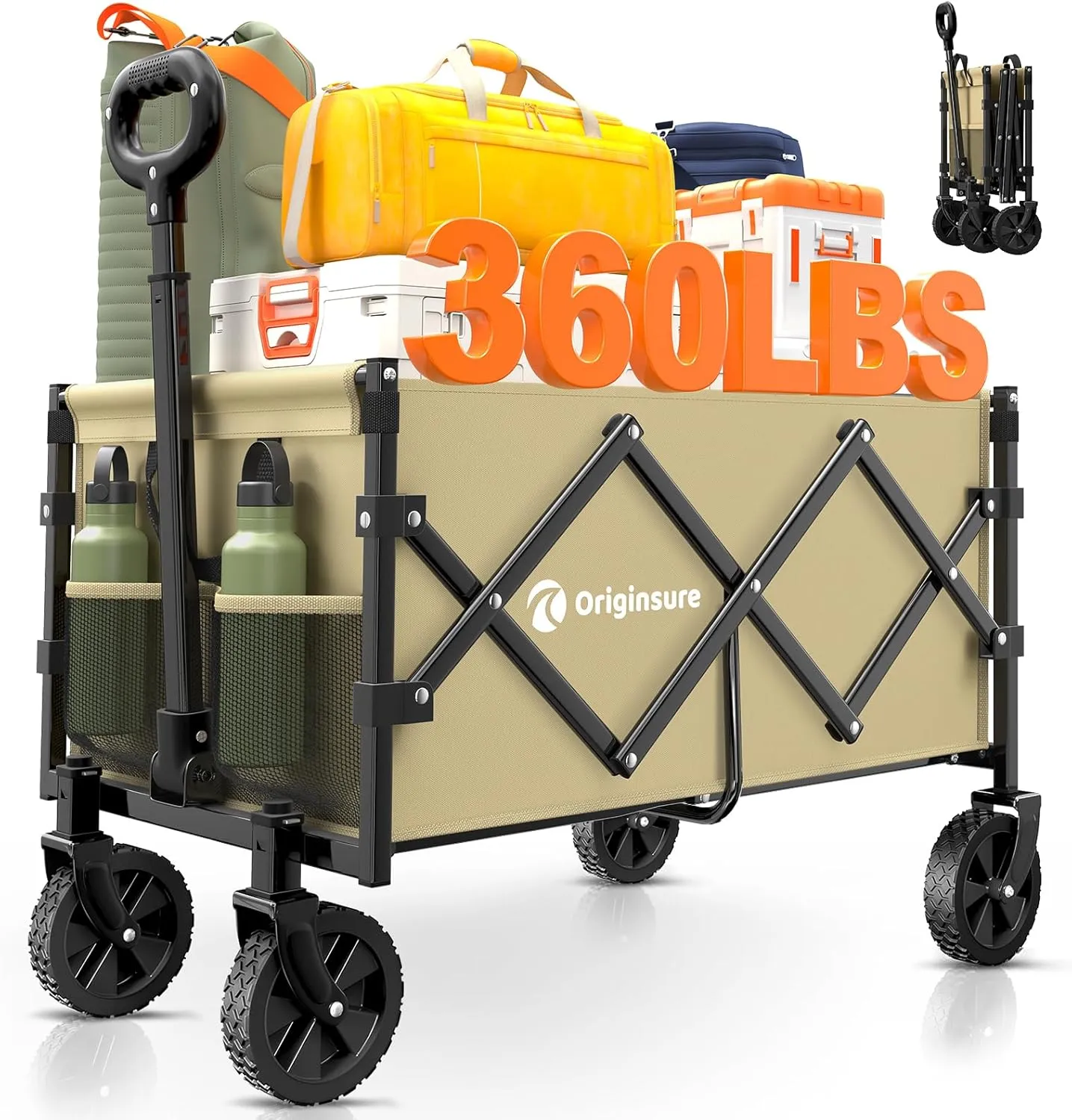 Collapsible Wagon Cart Foldable - Portable Heavy Duty Folding Beach Wagons with Wheels - Outdoor Utility Carts for Groceries, Shopping, Camping, Sports, Garden with Large Capacity - Khaki