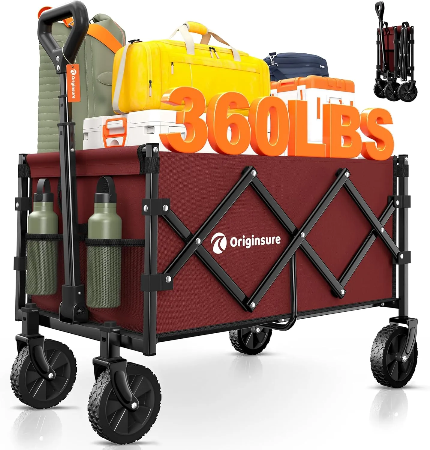 Collapsible Wagon Cart Foldable - Portable Heavy Duty Folding Beach Wagons with Wheels - Outdoor Utility Carts for Groceries, Shopping, Camping, Sports, Garden with Large Capacity - Red