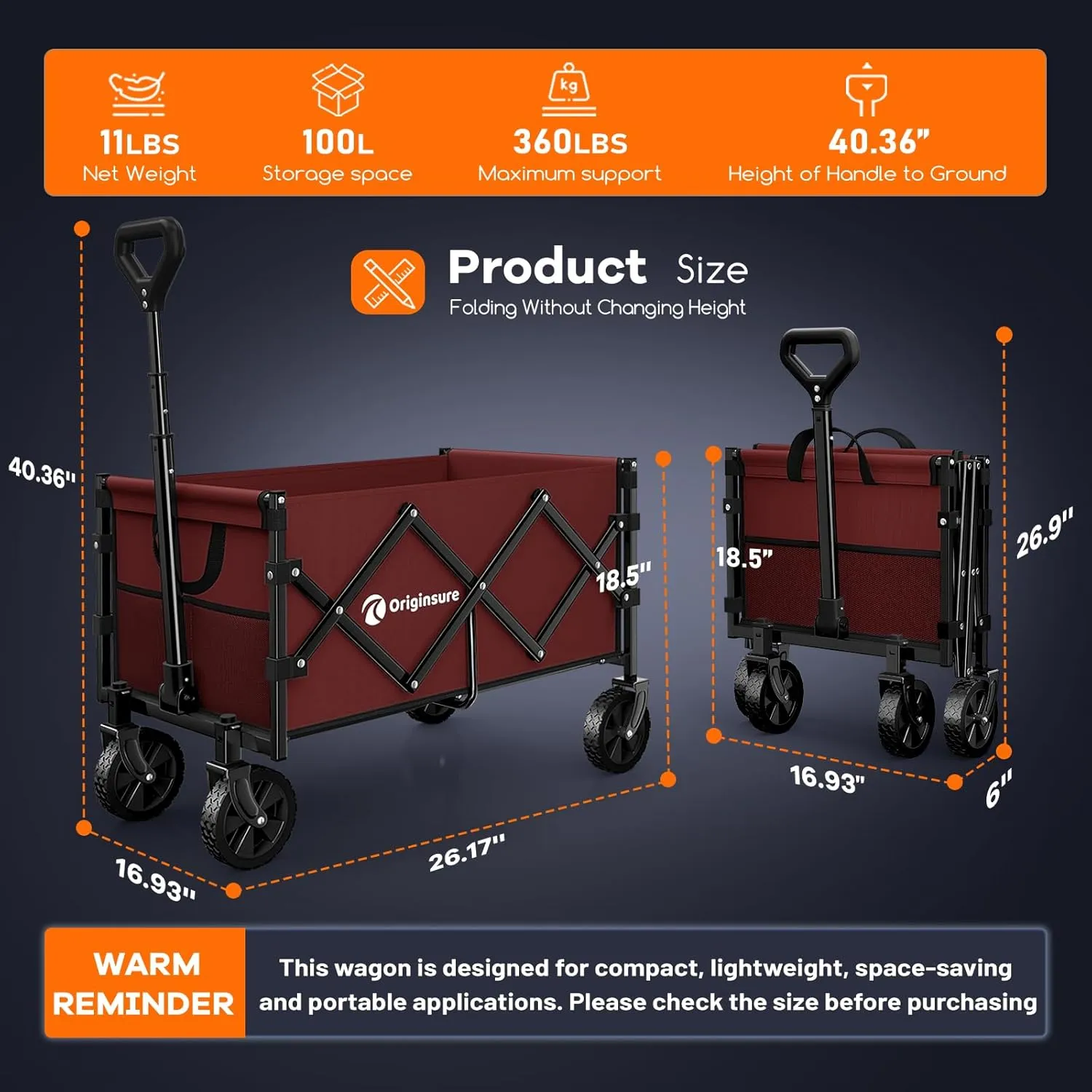 Collapsible Wagon Cart Foldable - Portable Heavy Duty Folding Beach Wagons with Wheels - Outdoor Utility Carts for Groceries, Shopping, Camping, Sports, Garden with Large Capacity - Red