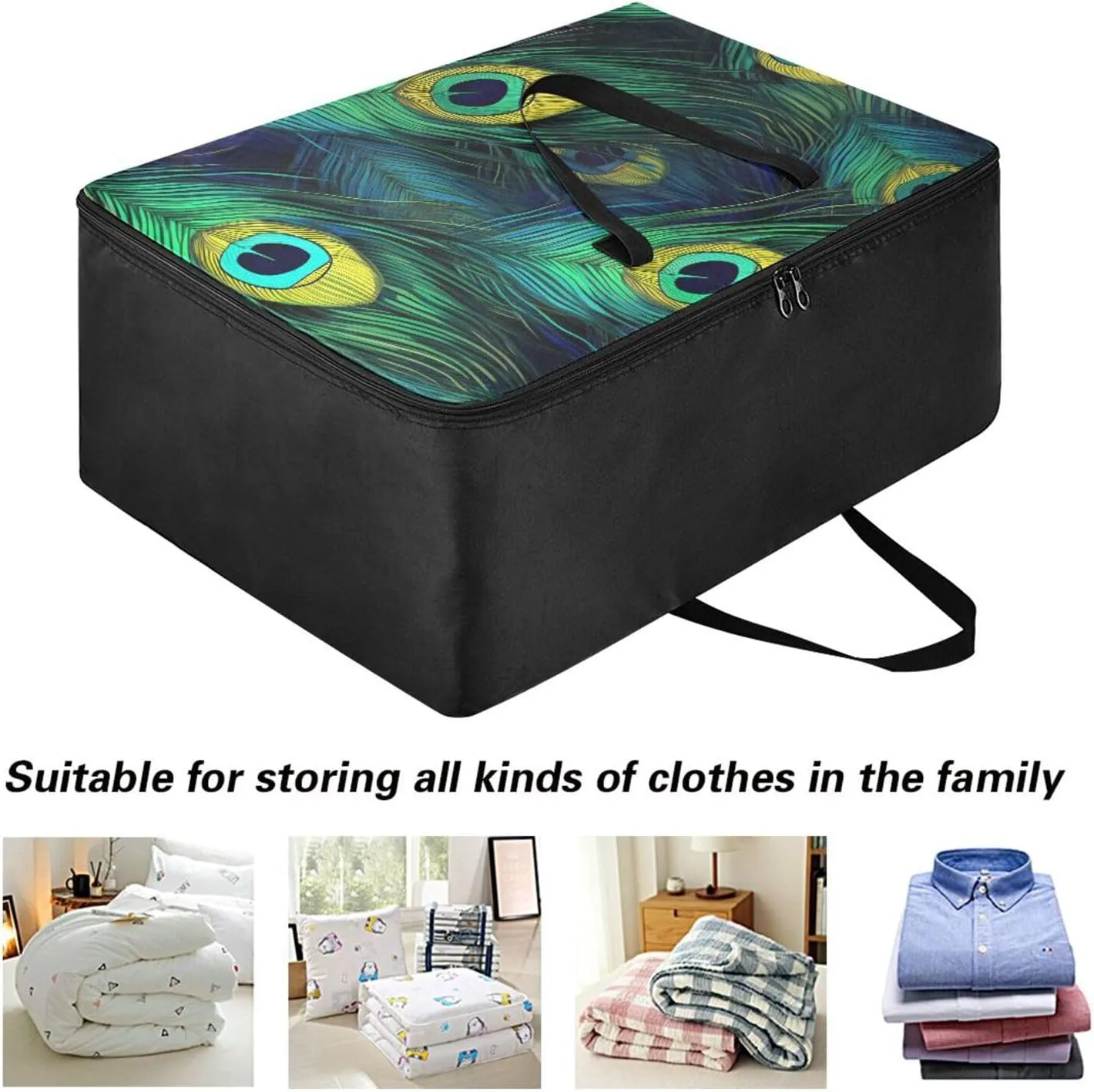 Coloured Peacock Feathers Storage Bags, 27.5x19.7x11 In, Collapsible Moving Bags Collapsible Storage Totes for Storing, Camping, Packing and Moving Supplies