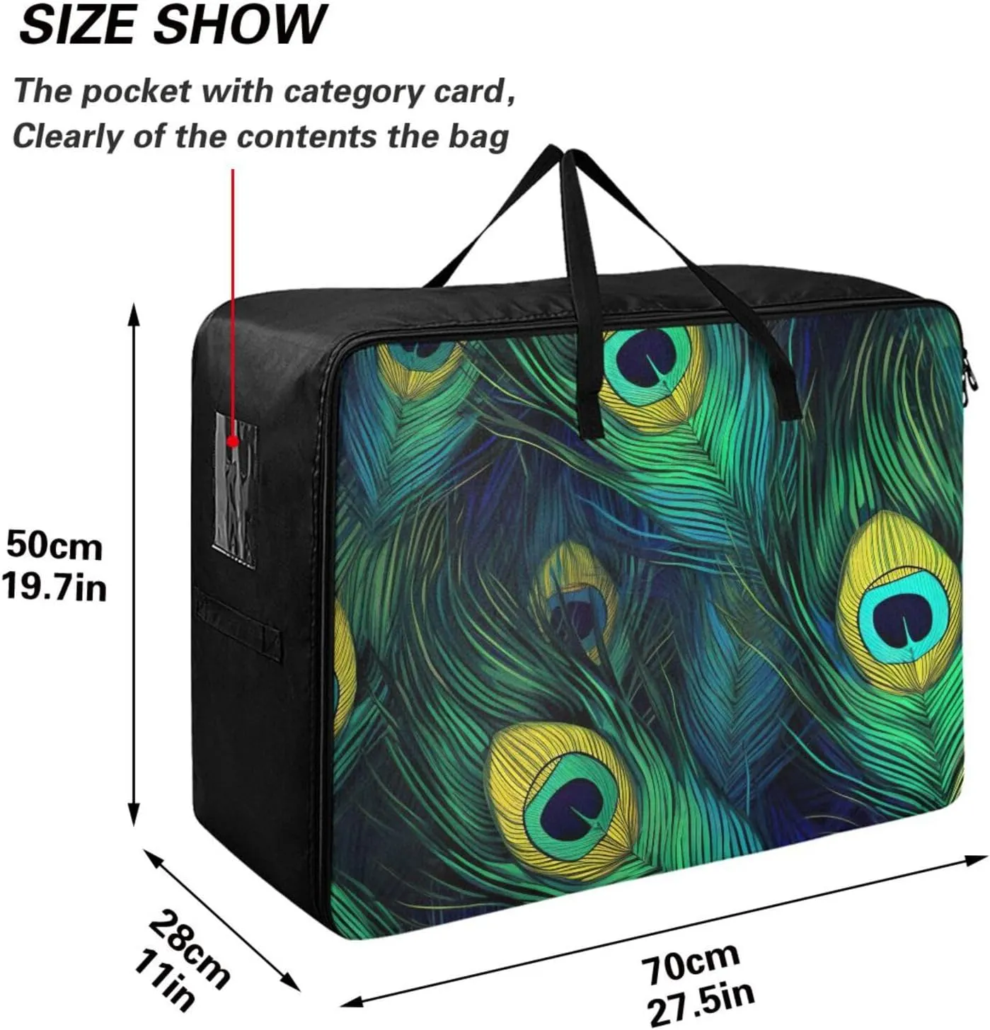 Coloured Peacock Feathers Storage Bags, 27.5x19.7x11 In, Collapsible Moving Bags Collapsible Storage Totes for Storing, Camping, Packing and Moving Supplies