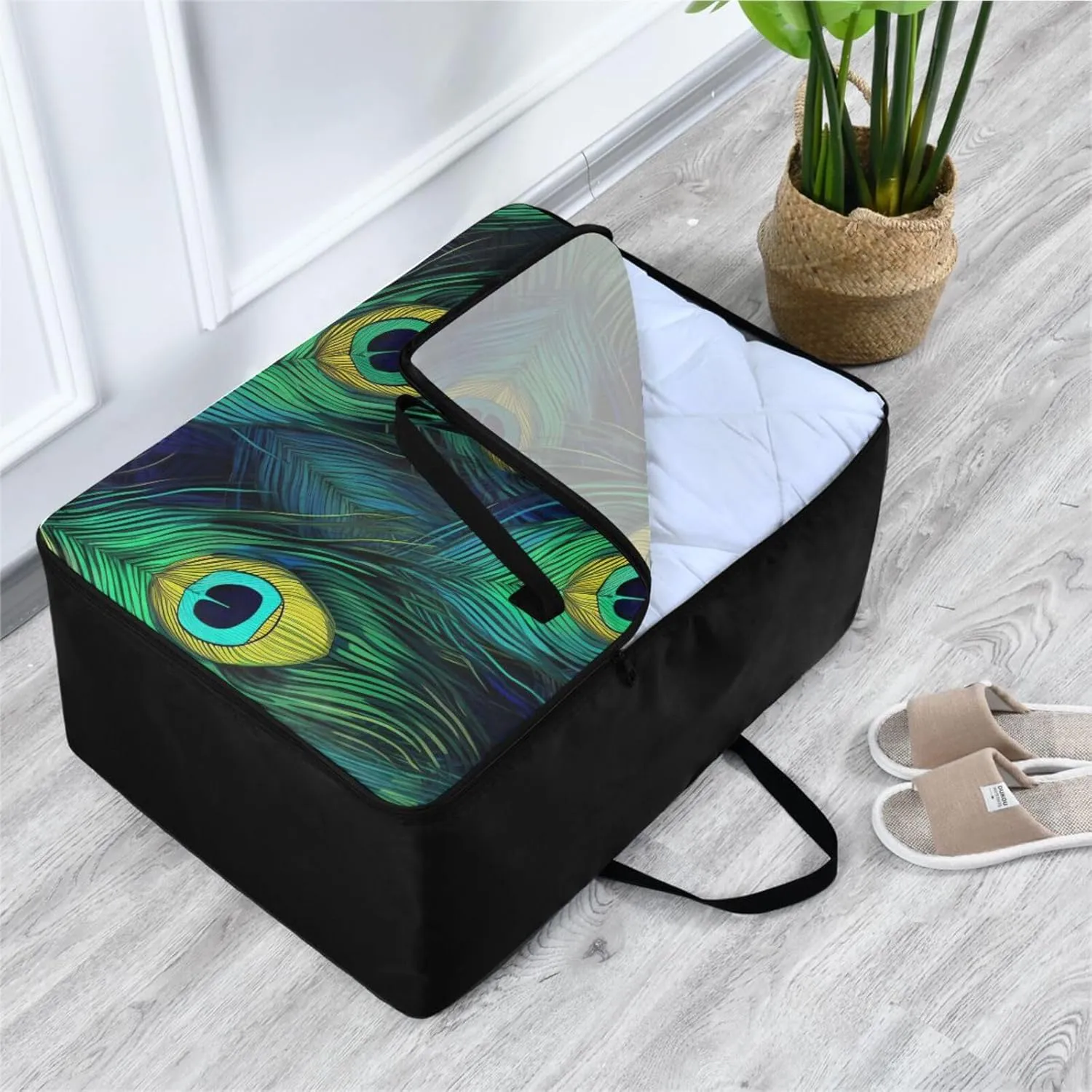 Coloured Peacock Feathers Storage Bags, 27.5x19.7x11 In, Collapsible Moving Bags Collapsible Storage Totes for Storing, Camping, Packing and Moving Supplies
