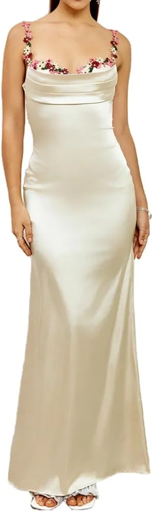 Colysmo Women's Satin Spaghetti Strap Slip Bodycon Maxi Dress Sleeveless Wedding Guest Elegant Evening Party Dresses